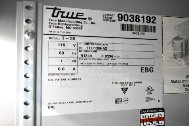 2017 True T-35-HC Commercial 2 Door Reach In Cooler, 115 Volts, 1 Phase, Model Tag Displayed, Made in USA.