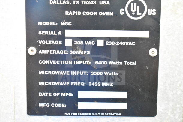 Turbochef NGC rapid cook oven label showing model, voltage, amperage, and power specifications.