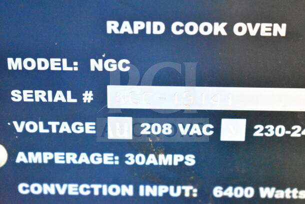 Turbochef NGC Rapid Cook Oven label showing model, serial number NGC-15141, 208/240V, 30 amps, 6400 watts convection input.