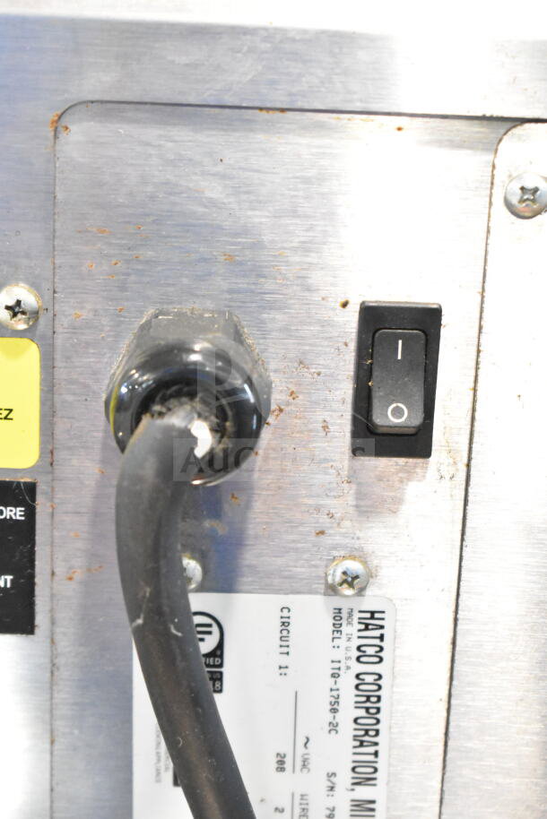 Hatco ITQ-1750-2C conveyor toaster, 208V, 1-phase, 1800 slices/hr, visible power switch, and manufacturer label.