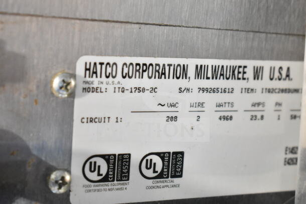 Hatco ITQ-1750-2C Conveyor Toaster label showing model details; 208V, 4960W, 1 Phase. Made in USA. UL Certified.
