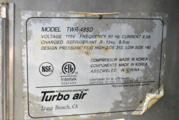 Turbo Air TWR-48SD label showing 115V, 60Hz, 6.5A specs, charged with R-134a refrigerant; NSF and ETL certified.