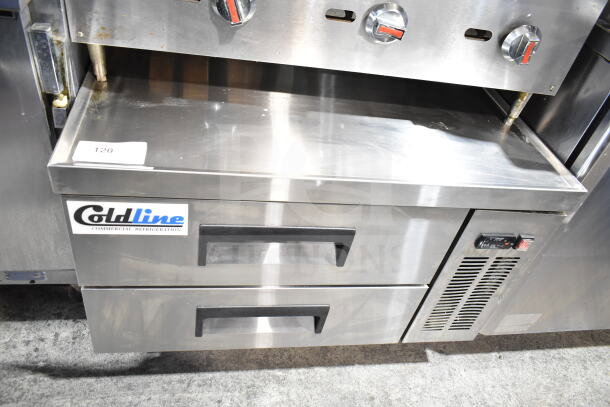 Coldline CB36 Commercial 2 Drawer Chef Base, stainless steel, 115V, 1 Phase, logo visible, excellent condition.