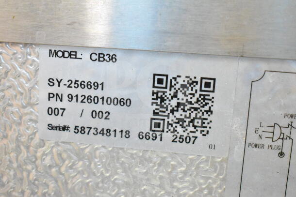 2025 Coldline CB36 Chef Base label with model, SY-256691, PN 9126010060, serial 587348118, QR code, and power diagram.
