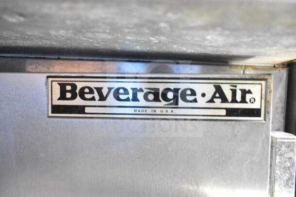 Beverage Air SP72-30M prep table label, "Made in U.S.A.," on industrial stainless steel surface.