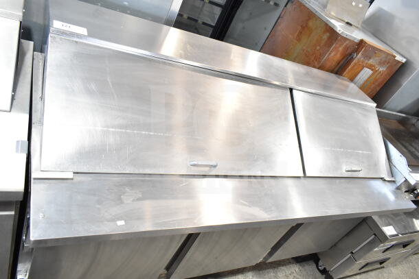 Beverage Air SP72-30M commercial sandwich salad prep table. Stainless steel, mega top with lids. 115V, 1 phase.
