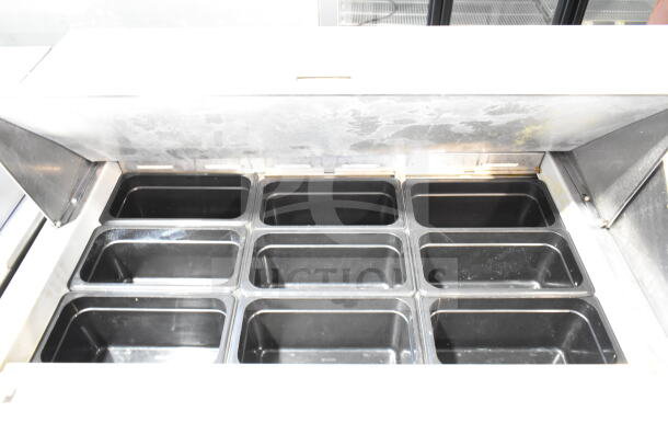 Beverage Air SP72-30M commercial sandwich salad prep table, Bain Marie mega top, black pans shown, 115 volts.