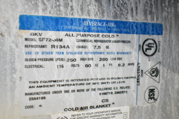 Beverage Air SP72-30M prep table label, 115V, 1 phase, model details and safety certifications visible, refrigerant R134A.