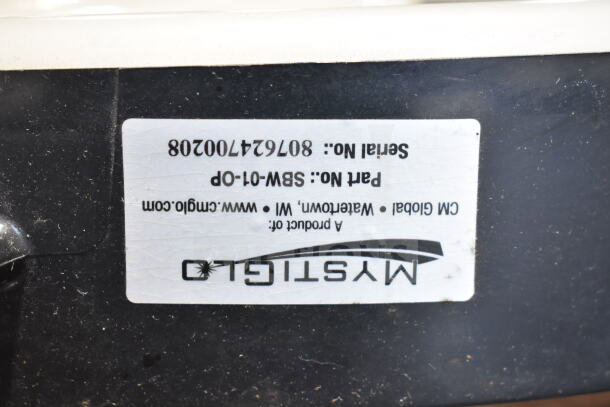 "Open" light-up sign features Mystiglo logo, serial no. 80764700208, part no. SBW-01-OP by CM Global, Watertown, WI.