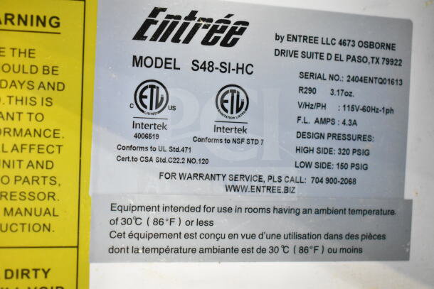 Entree S48-SI-HC commercial prep table label showing model, voltage, certification, and design pressures.