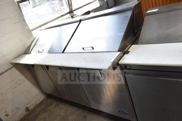 2020 Atosa MSF8308GR commercial prep table, stainless steel, dual lids, 115 volts, clean condition, Chef's Edge label visible.