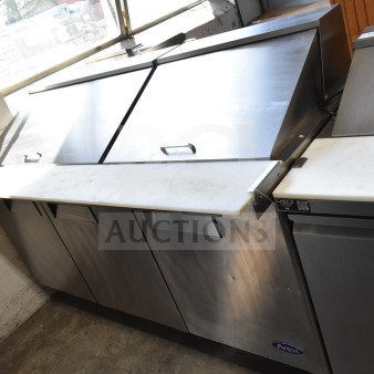 2020 Atosa MSF8308GR commercial prep table, stainless steel, dual lids, 115 volts, clean condition, Chef's Edge label visible.