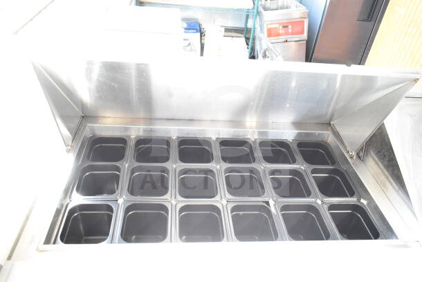 2020 Atosa MSF8308GR sandwich prep table with bain marie top, stainless steel, 115V, featuring multiple food pans, excellent condition.