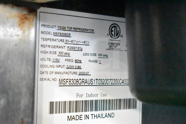 2020 Atosa MSF8308GR commercial prep table label, 115V, 1 phase, temp 33-45°F, refrigerant R290, made in Thailand.