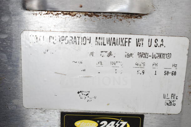 Hatco Commercial Countertop Heated Display Merchandiser tag showing model details and electrical specs: 120V, 1 Phase.
