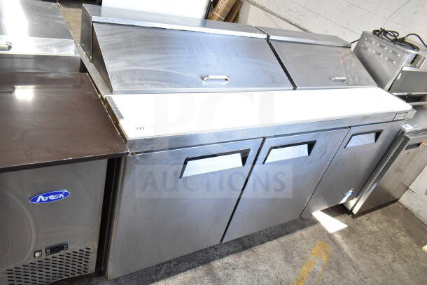 Atosa MSF8304GR commercial prep table, stainless steel, three doors, bain marie top, casters, 115V, 1 phase, clean condition.