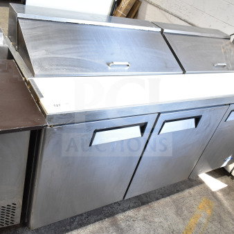 Atosa MSF8304GR commercial prep table, stainless steel, three doors, bain marie top, casters, 115V, 1 phase, clean condition.