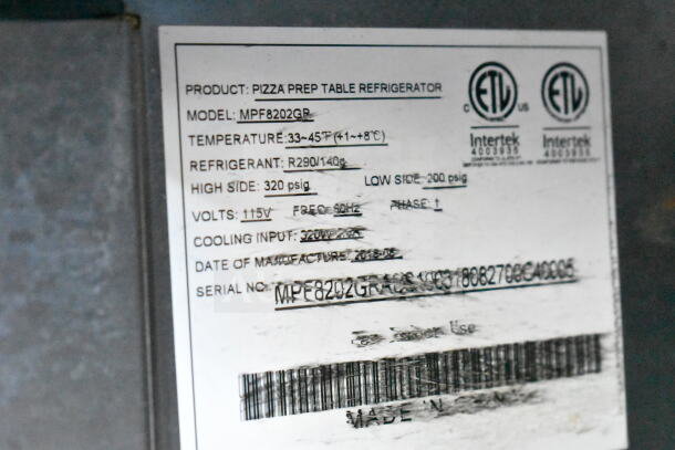 2018 Atosa MPF8202GR Pizza Prep Table, commercial casters, 115V, 1 phase, temperature 33-45°F, R290 refrigerant.