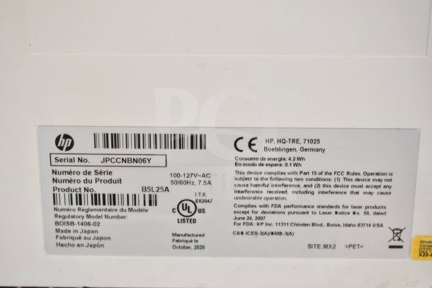 HP BOISB-1406-02 countertop printer label showing serial number JPCCNBN06Y, 100-127 volts, and model details.