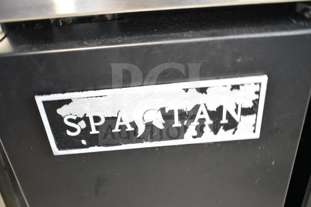 Spartan SGBBB-48 Commercial Back Bar Cooler, two doors, 115V, 1 phase. Visible Spartan logo, minor wear on label.