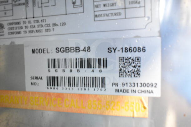 Spartan SGBBB-48 commercial 2-door back bar cooler, 115 volts, model label and QR code visible, made in China.