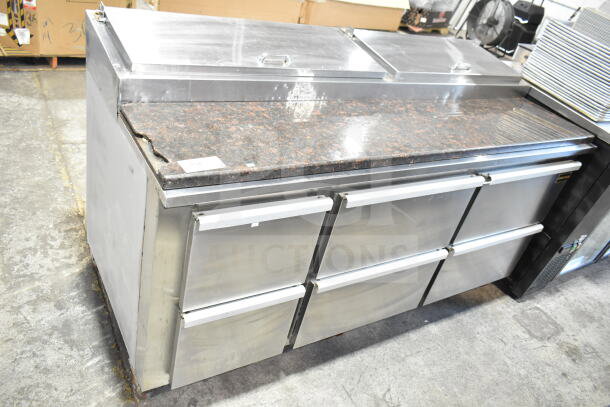 Cooltech commercial pizza prep table with stone cutting board, six drawers, stainless steel, 120V, 1 Phase, visible wear.