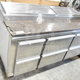 Cooltech commercial pizza prep table with stone cutting board, six drawers, stainless steel, 120V, 1 Phase, visible wear.