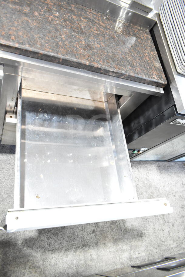 Cooltech Commercial Pizza Prep Table with stone cutting board and six drawers. Stainless steel exterior, 120V, 1 Phase.