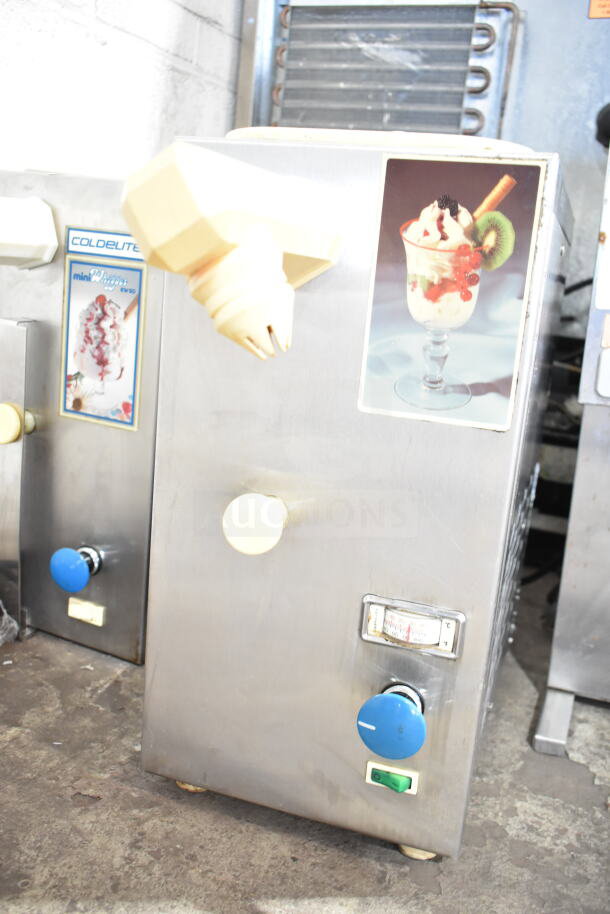 Coldelite commercial countertop whipped cream dispenser, stainless steel, 115 volts, 1 phase, features image panel.