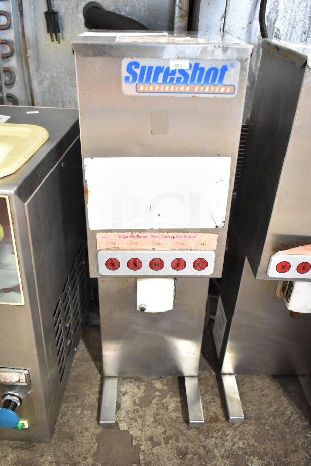 SureShot countertop sugar dispenser, 120 volts, 1 phase, with size buttons and branding visible. Good condition.