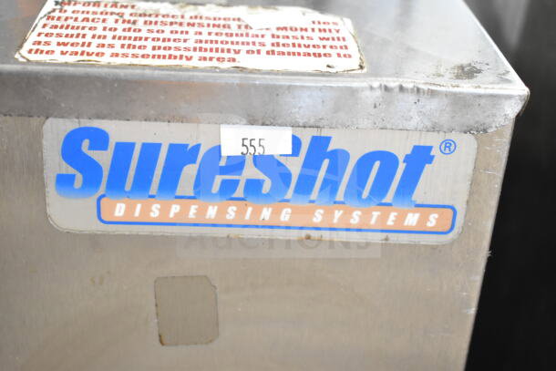 SureShot Countertop Sugar Dispenser, 120 Volts, 1 Phase, stainless steel, visible branding and wear, model 555.