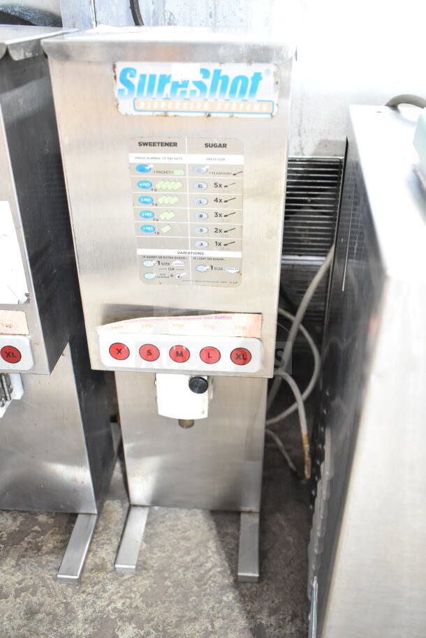 SureShot AC6.E Countertop Sugar Dispenser, stainless steel, buttons for portion sizes, 120V, 1 phase, labeled controls.