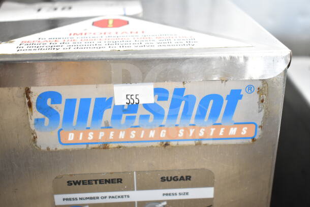 SureShot AC6.E countertop sugar dispenser, stainless steel, 120 volts, 1 phase, visible wear. Model label intact.