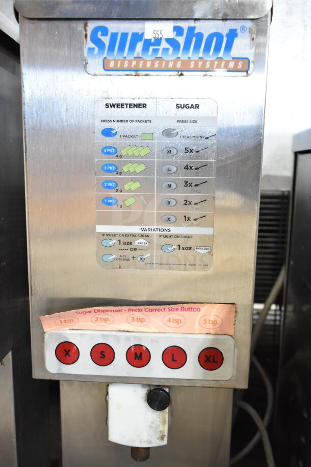 SureShot AC6.E Sugar Dispenser, 120V, 1 Phase, countertop model, multiple size options, stainless steel, visible operational labels.
