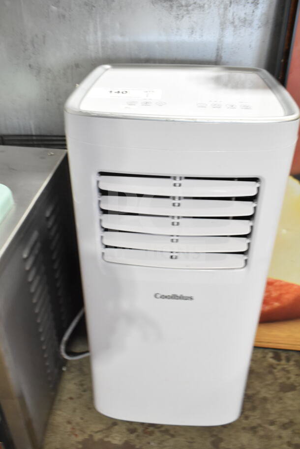 Coolblus PAC-A019K-05KR portable air conditioner, 115V, 1 Phase, white, top control panel, front vents visible.