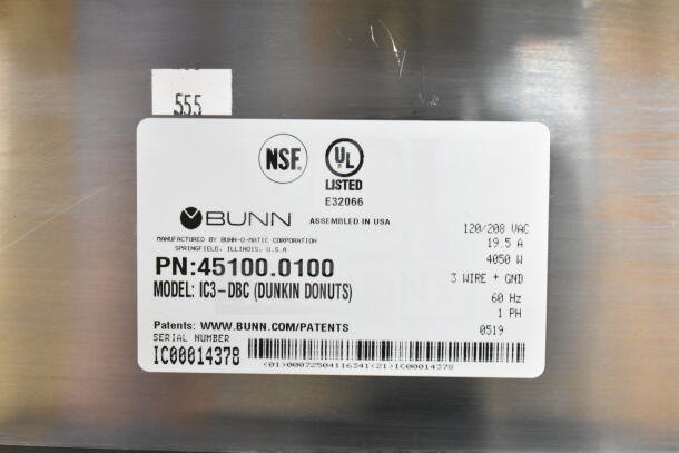 2019 Bunn IC3-DBC iced tea machine, commercial countertop model, 120/208V, NSF and UL listed, serial IC00014378.