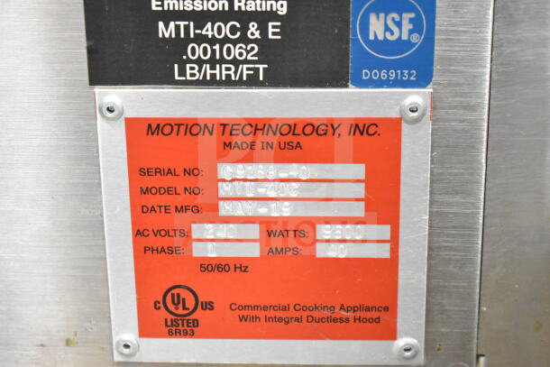 Autofry MTI-40C ventless fryer label indicating 240 volts, 1 phase, made by Motion Technology, NSF certified.