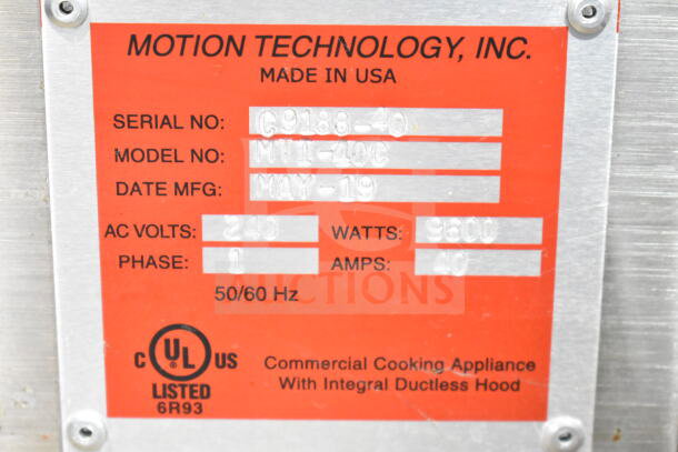 Autofry MTI-40C ventless fryer tag, 240V, 1 phase, 9600W, made May 2019. Model and serial numbers visible.