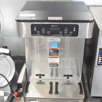 2020 Bunn ICB TWIN SH Commercial Double Coffee Machine, stainless steel, 120/240V, 1 Phase, with visible control panel.