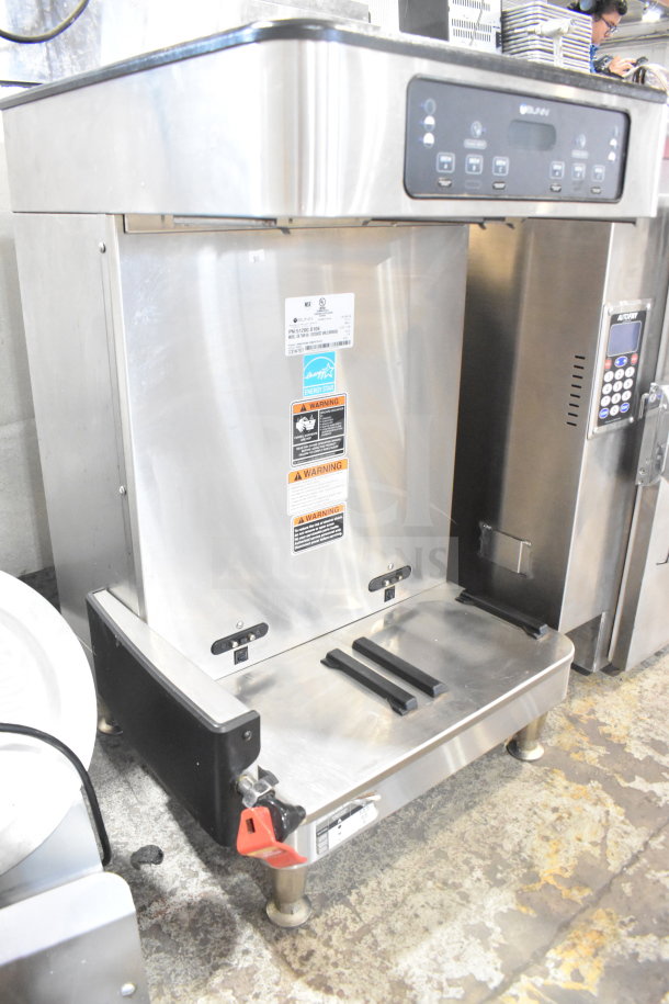 2020 Bunn ICB TWIN SH Commercial Coffee Machine, double unit, stainless steel, 120/240V, 1 Phase. Features warning labels.