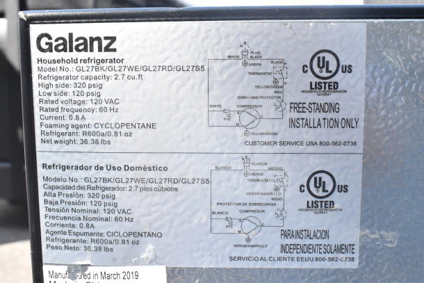 Galanz GL27BK Mini Cooler label, 115 volts, 1 phase, 2.7 cu.ft capacity, UL listed, manufactured March 2019.