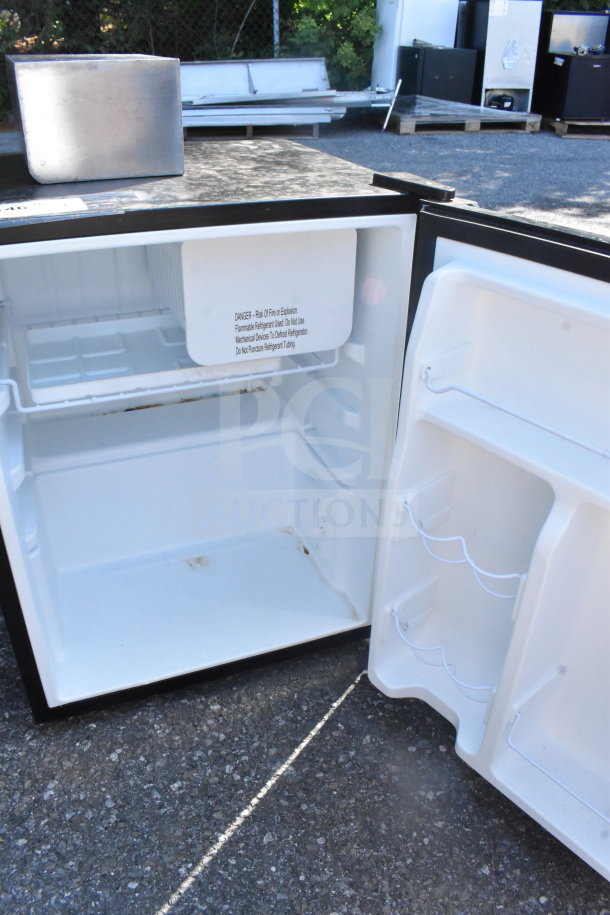 Galanz GL27BK Mini Cooler, open view, showing interior shelving. Good condition, 115 Volts, 1 Phase. Exterior black finish.