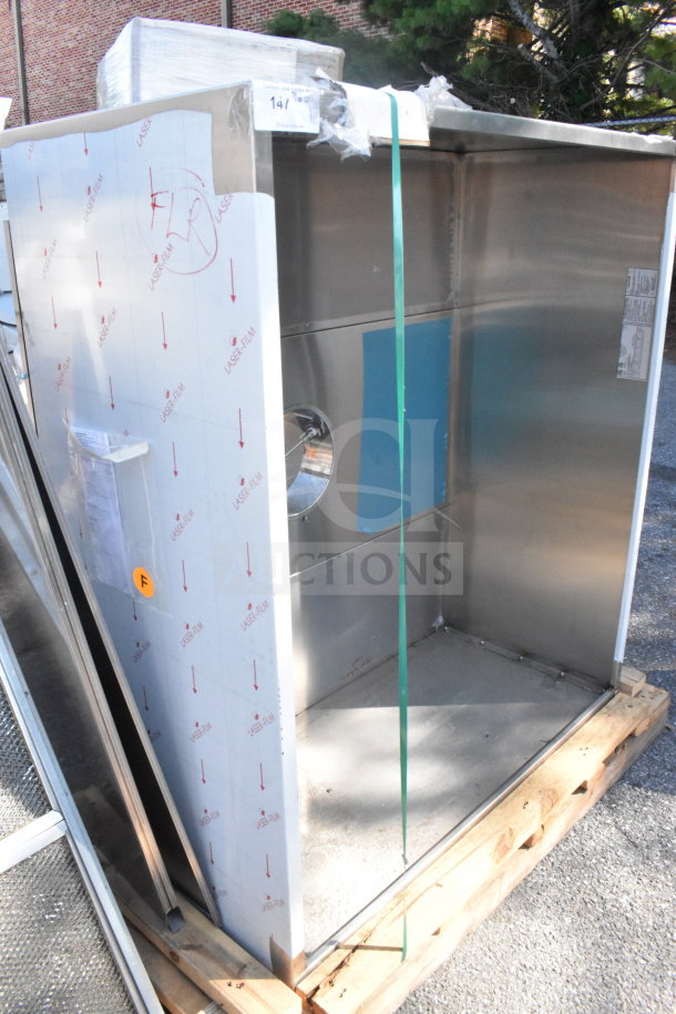 4' CaptiveAire 5424 VHB Steam Hood, stainless steel, new condition, protective film, visible duct opening, on pallet.
