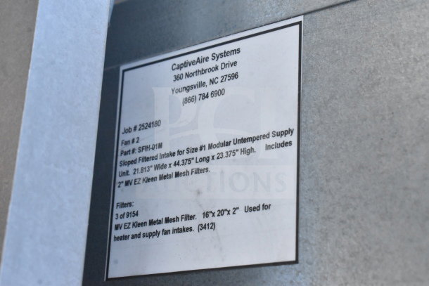 CaptiveAire SFIH-01M sloped filtered intake label. Includes dimensions and filter details. Suitable for fan intakes.