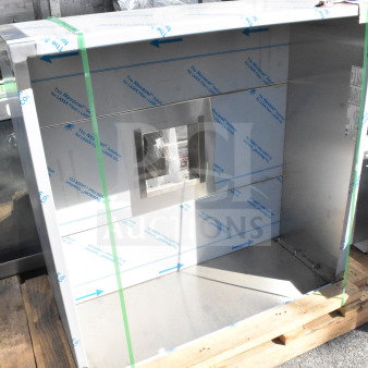 Brand new CaptiveAire 4218 VHB steam hood, 3.5', minor scratches and dents, shown on a wooden pallet, protective film visible.