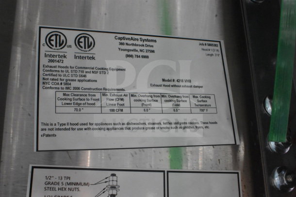Brand new CaptiveAire 4218 VHB steam hood, 3.5', scratch and dent condition. Label shows compliance certifications.