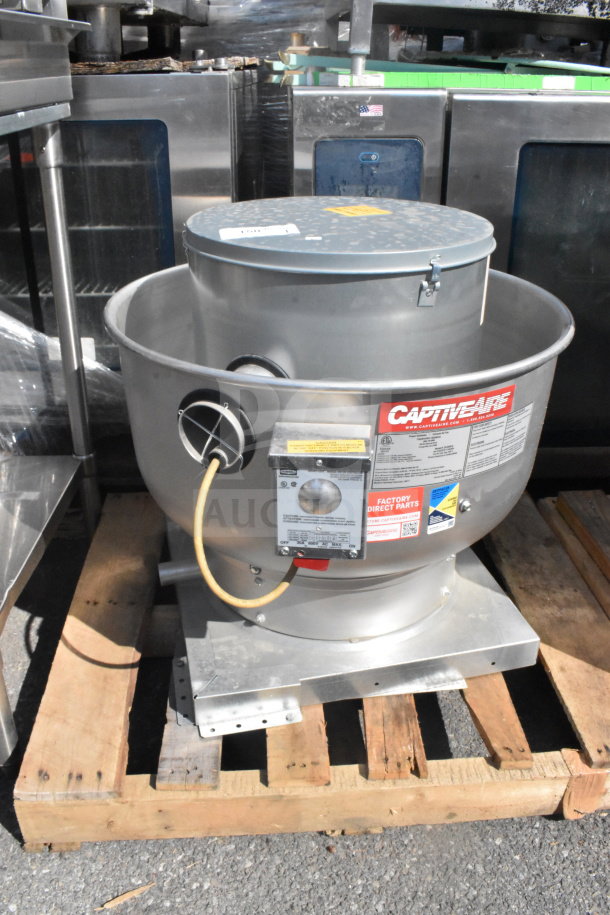 CaptiveAire DU33HFA commercial rooftop exhaust fan in silver. 115 volts, 1 phase. Visible label with model info.
