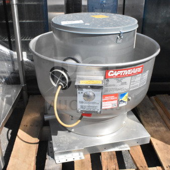 CaptiveAire DU33HFA commercial rooftop exhaust fan in silver. 115 volts, 1 phase. Visible label with model info.