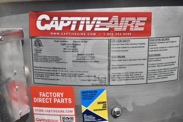 CaptiveAire DU33HFA commercial rooftop exhaust fan with labels. Features 115 volts, 1 phase. Model and safety details displayed.