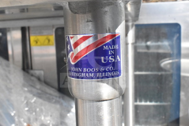Commercial table with under shelf, made by John Boos & Co., Effingham, Illinois. "Made in USA" label visible.